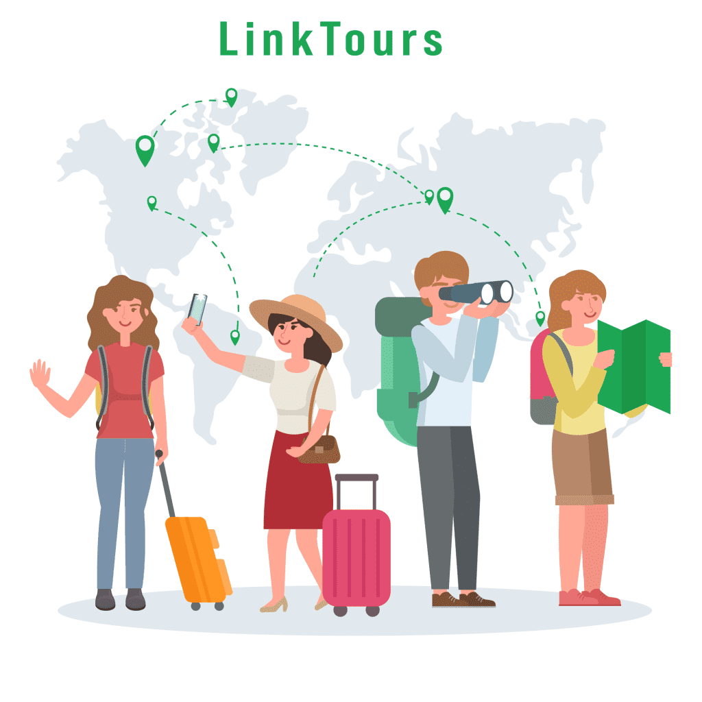 Illustration of travelers with luggage, binoculars, and a map, with a world map and travel route lines.