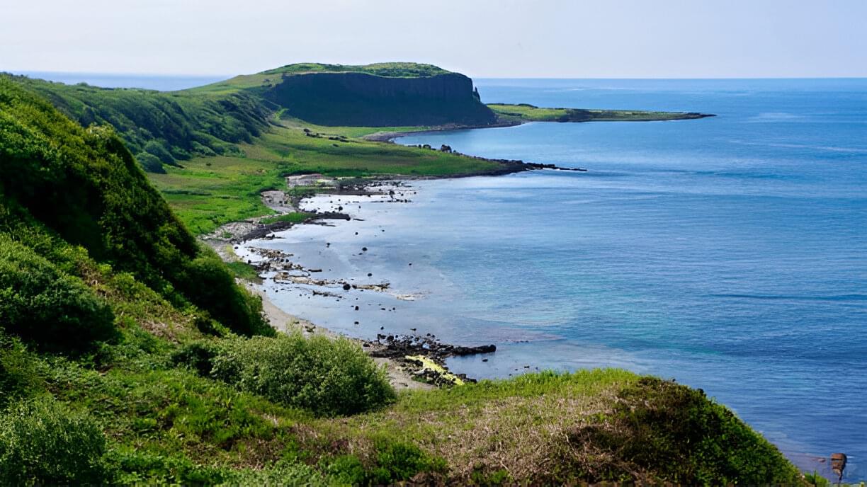 Scenic coastal view of a lush green cliffside and rocky shoreline meeting calm blue waters on the Isle of Arran, Scotland.